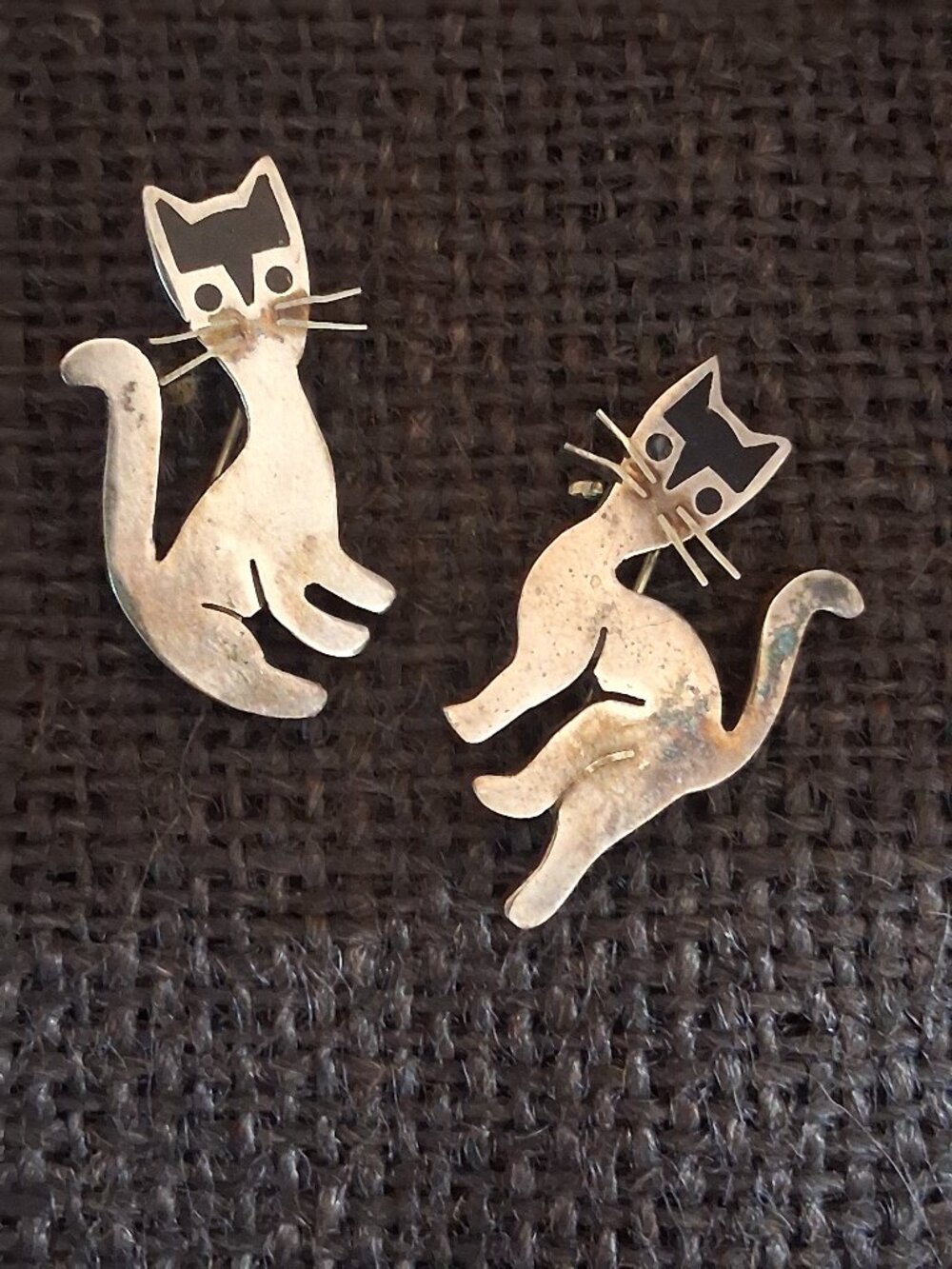 VTG Taxco Mexico 925 Sterling Silver Modernist Enamel Cat Brooch Pin Set/2 10g